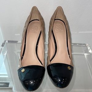 Tory Burch Nude Quilted Wedge Pumps with Black Patent Cap Toe